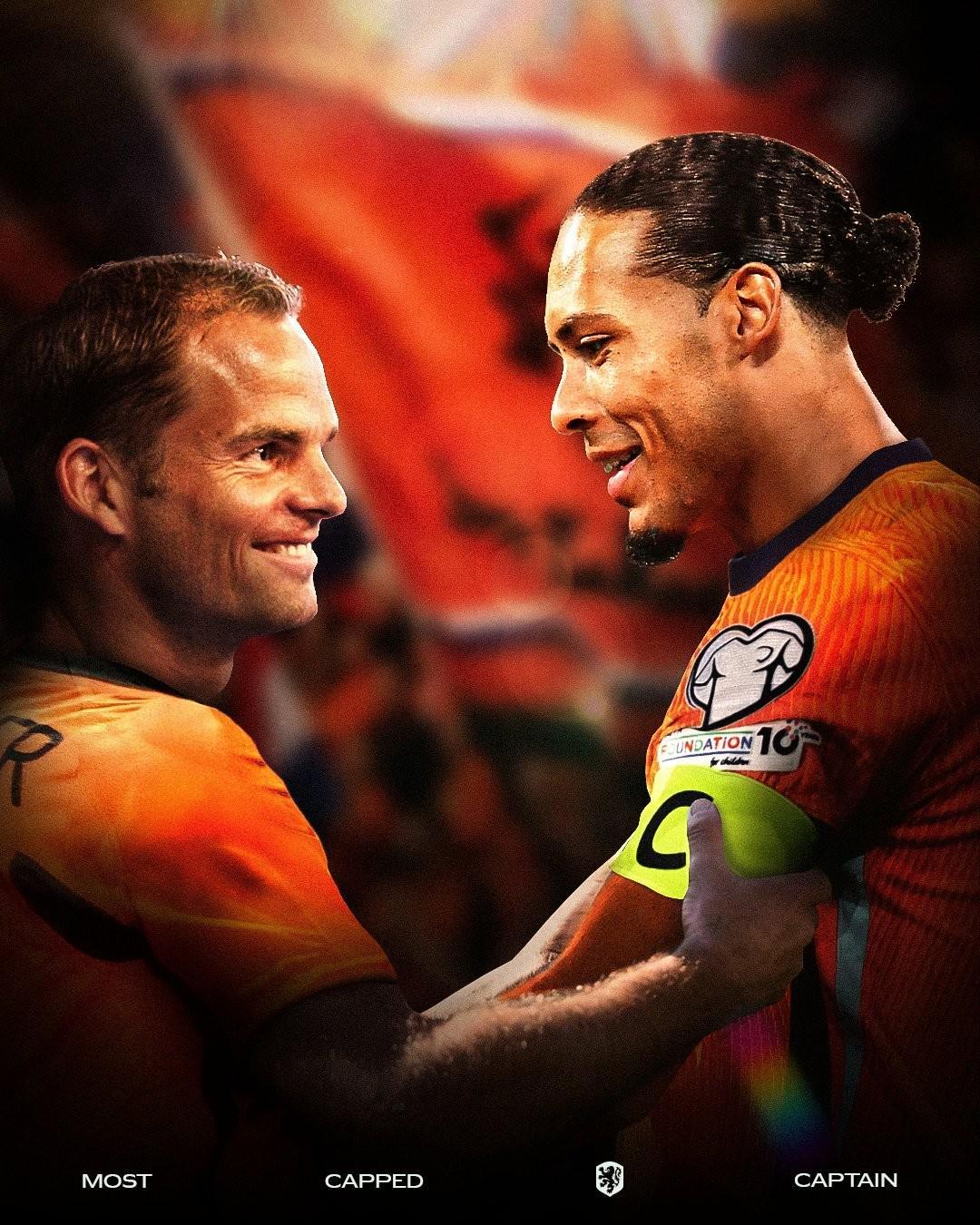 范戴克第72次以队长身份代表荷兰队出场，超越德波尔队史第一